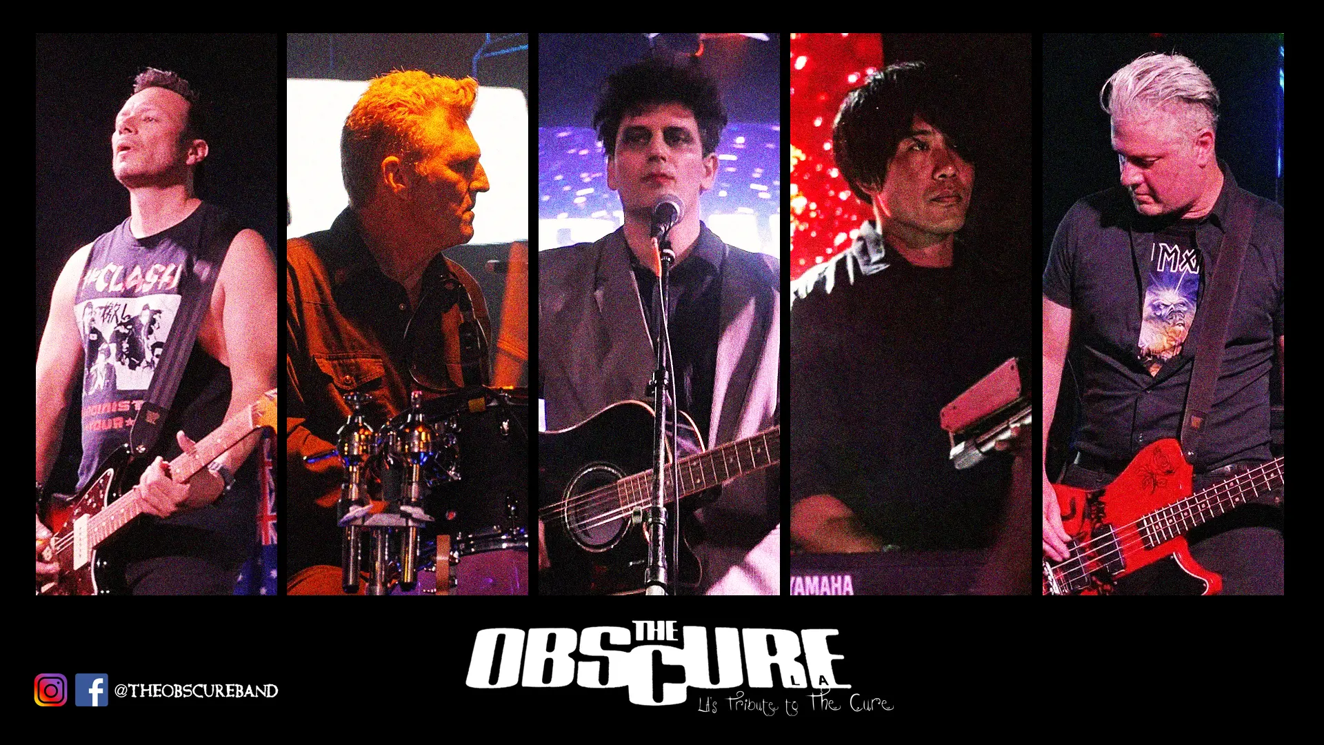 The five members of The Obscure with the band's original logo